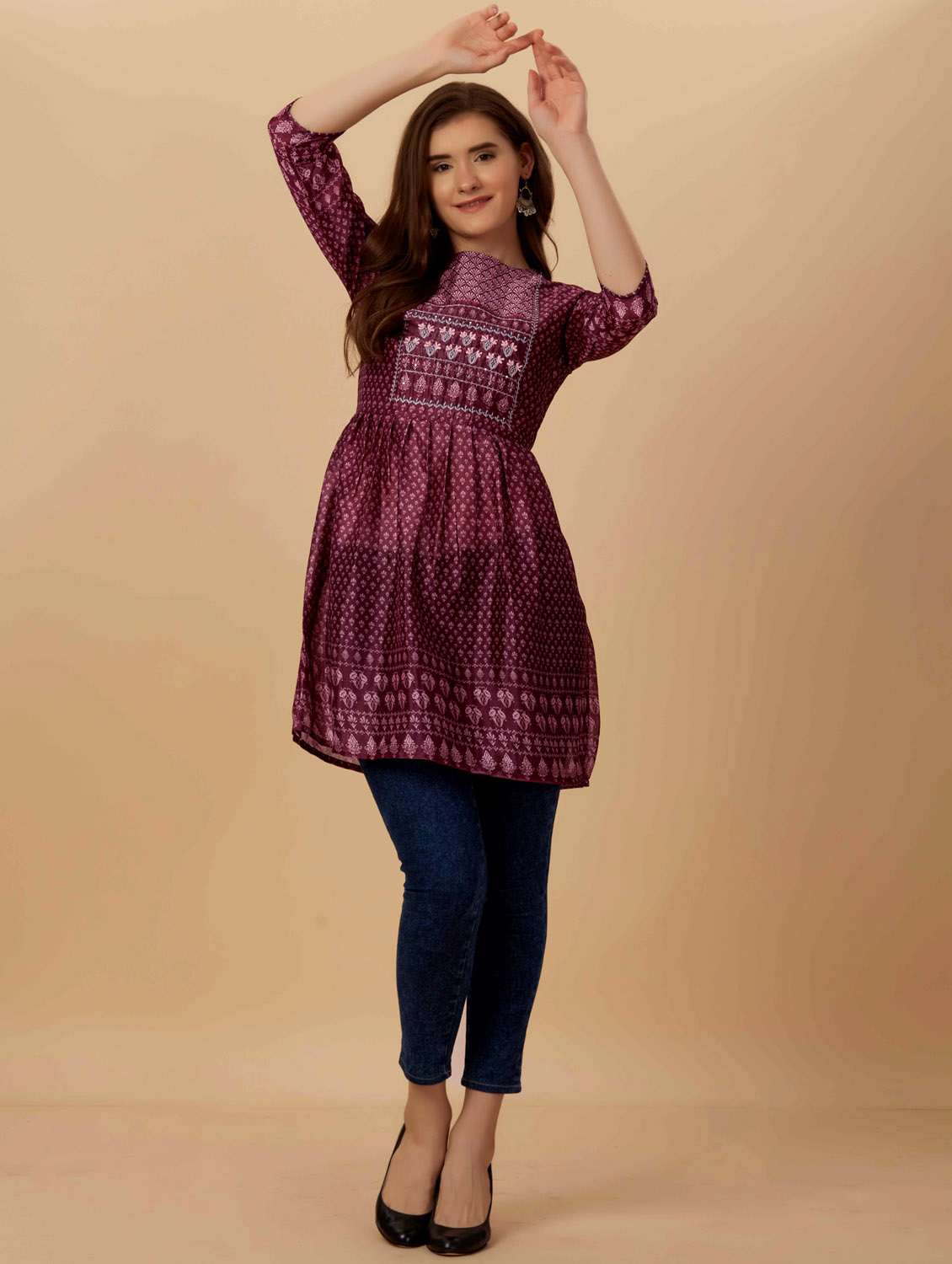 women purple round neck flared kurti - 20413520 -  Standard Image - 1