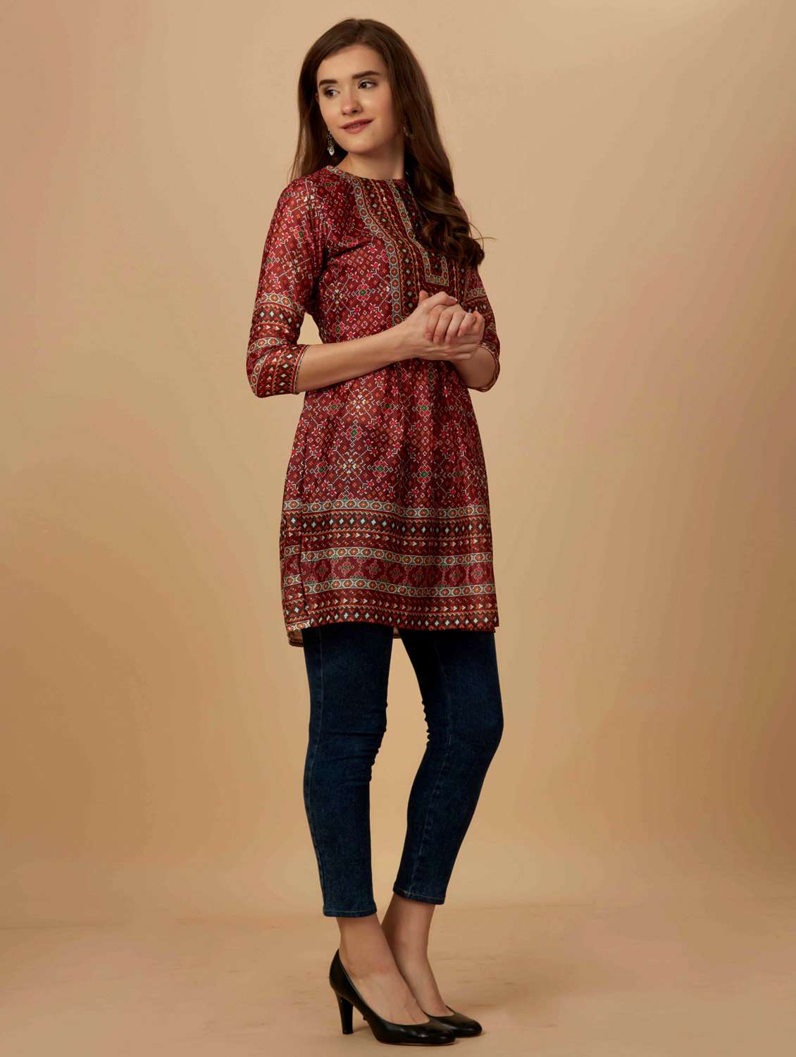 women maroon round neck flared kurti - 20413521 -  Standard Image - 1
