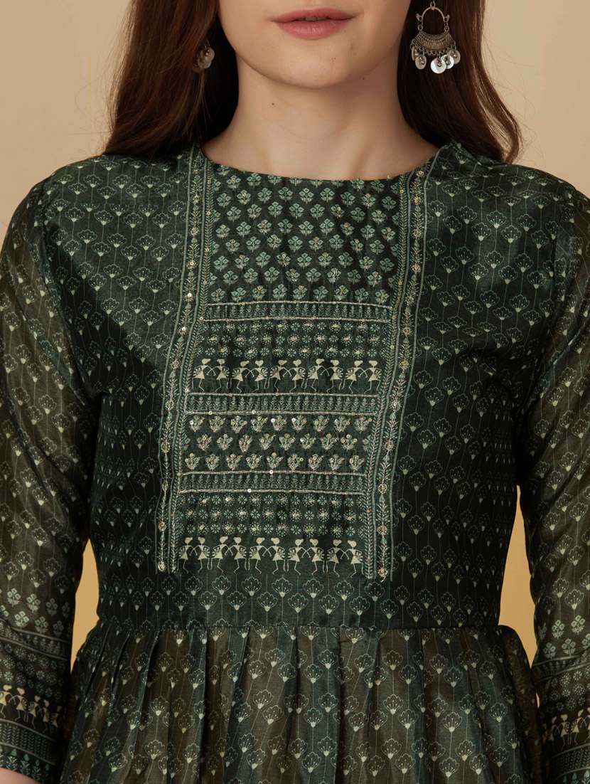 women bottle green round neck flared kurti - 20413522 - Standard Image - 4