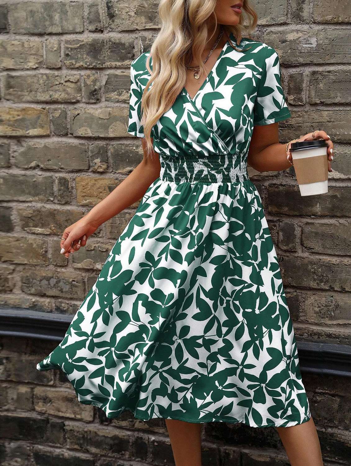 white & green printed fit & flare dress - 20414278 -  Standard Image - 1