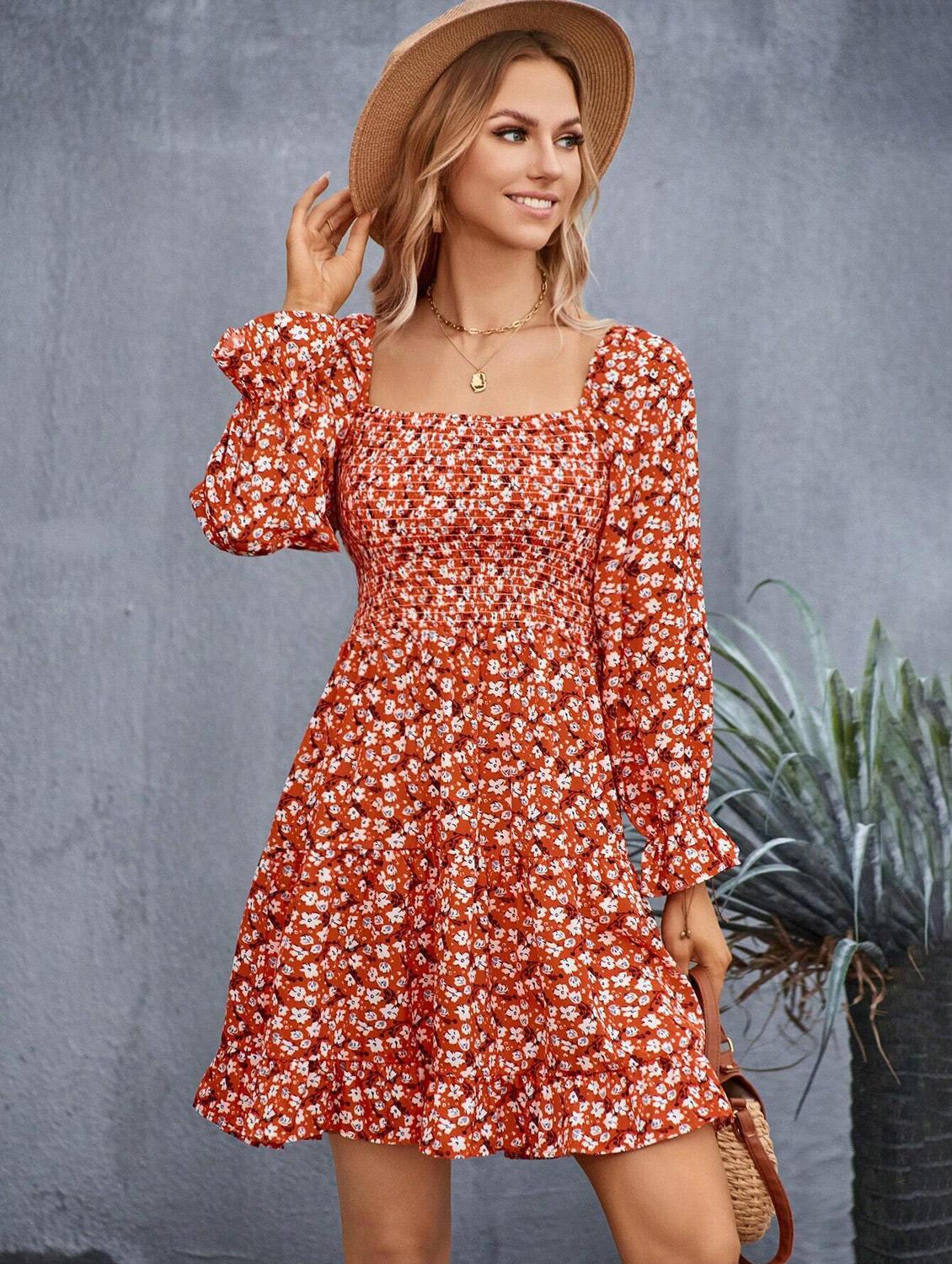 orange floral print square neck fit & flare dress - 20414281 - Standard Image - 1