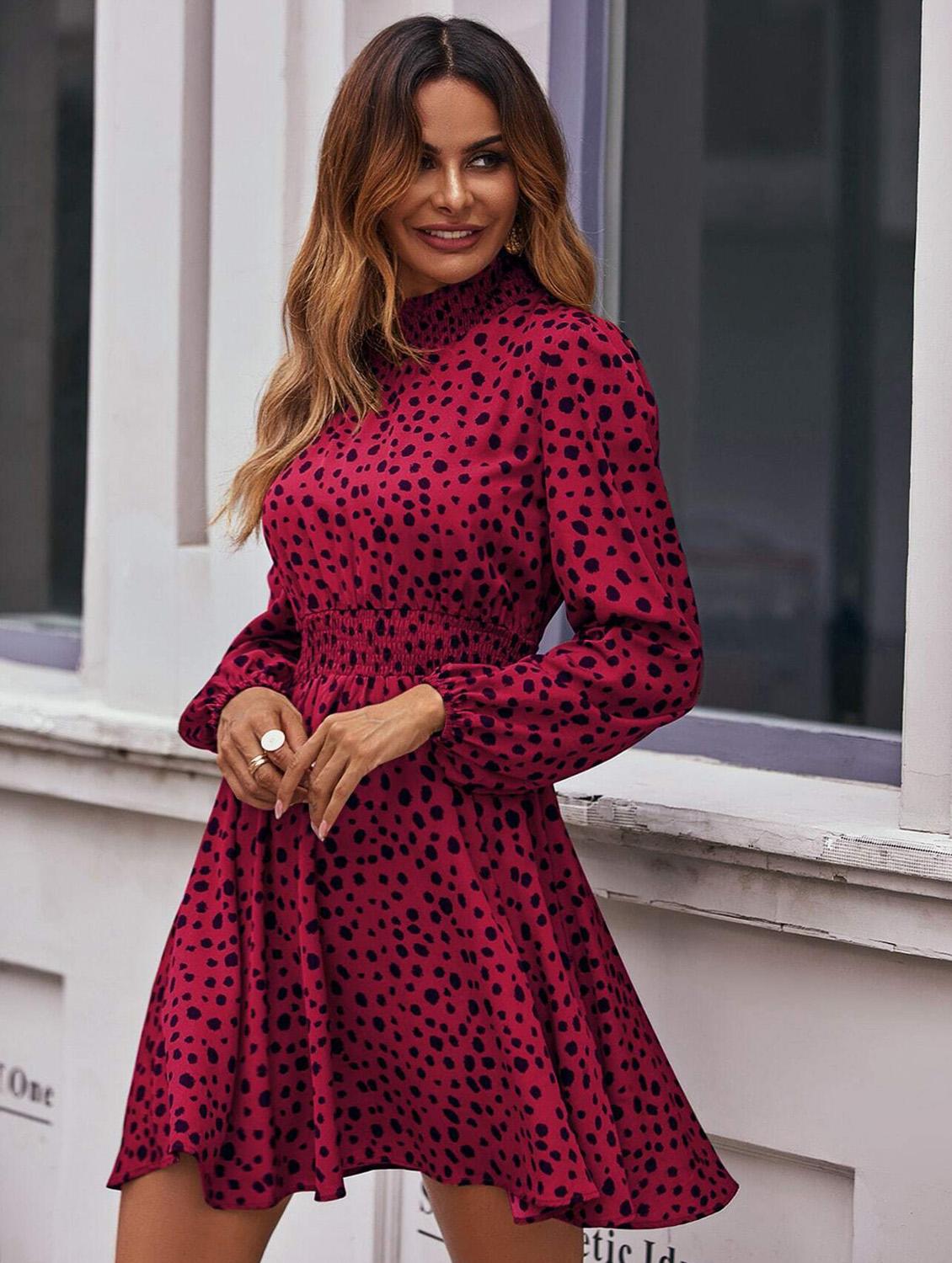 pink animal print puff sleeves fit & flare dress - 20414285 -  Standard Image - 1