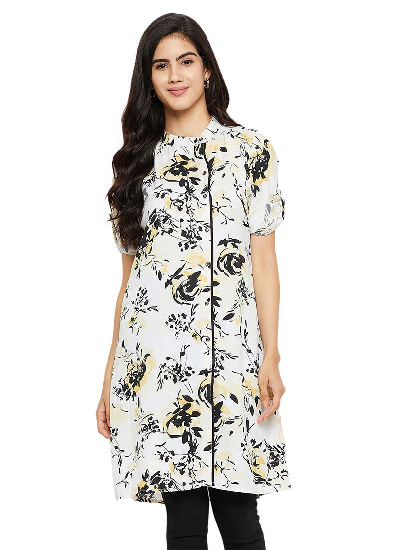 white printed mandarin neck front slit kurta