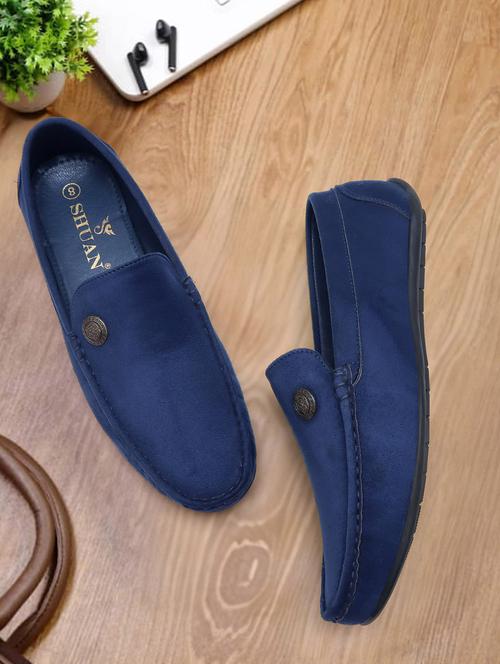 men solid blue suede slip on loafer - 20416049 -  Standard Image - 0