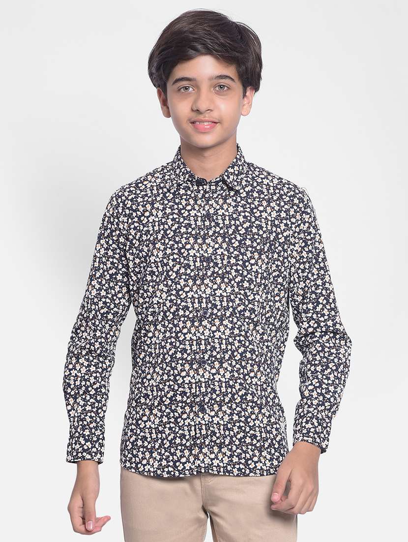 boys floral print navy blue 100% cotton shirt