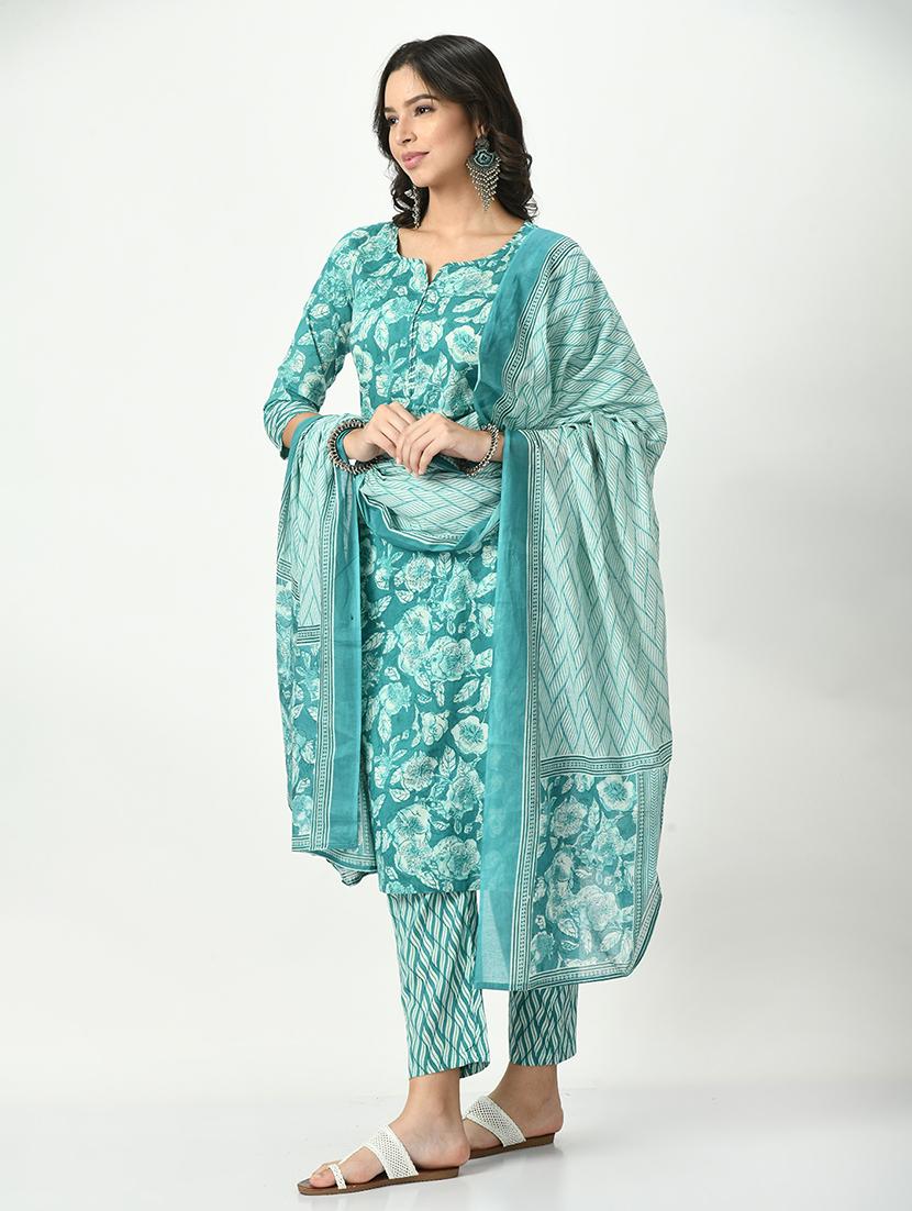 turquoise three quarter sleeve kurta pant set - 20416959 - Standard Image - 1