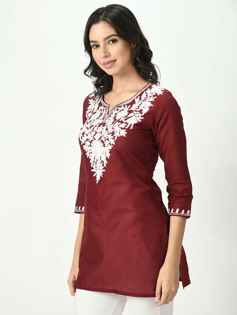 women maroon notch neck straight kurti - 20417054 - Standard Image - 1