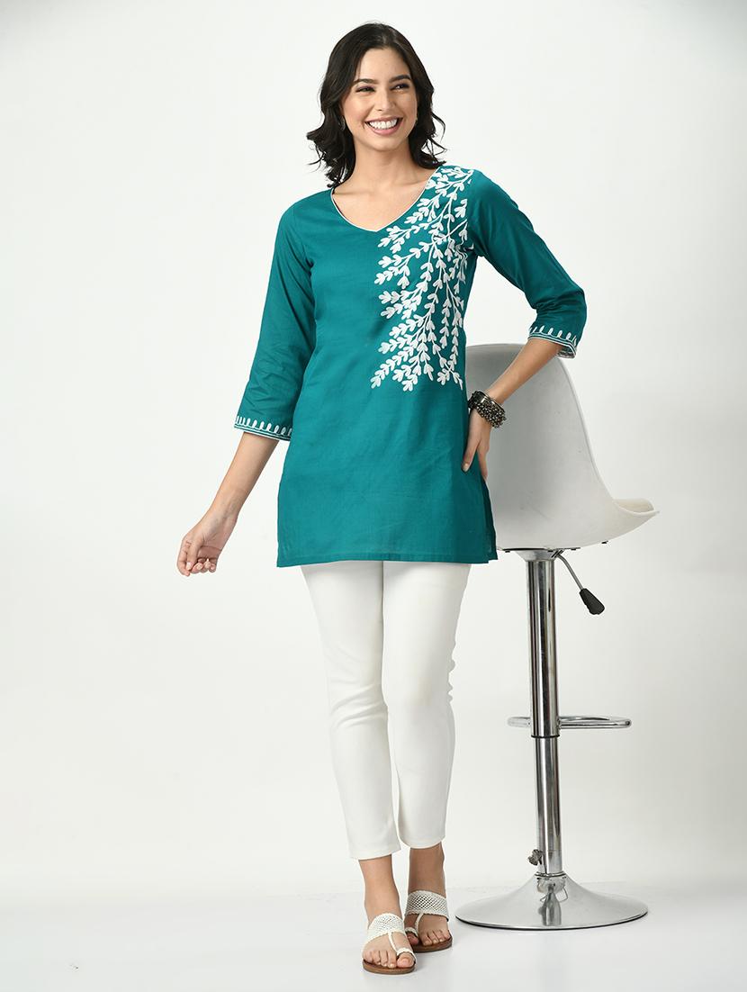 teal three quarter sleeve straight kurti - 20417055 - Standard Image - 4
