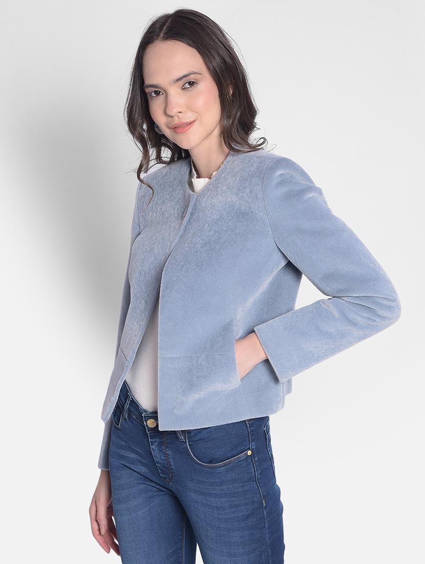 women blue polyester single breasted blazer - 20417057 - Standard Image - 1