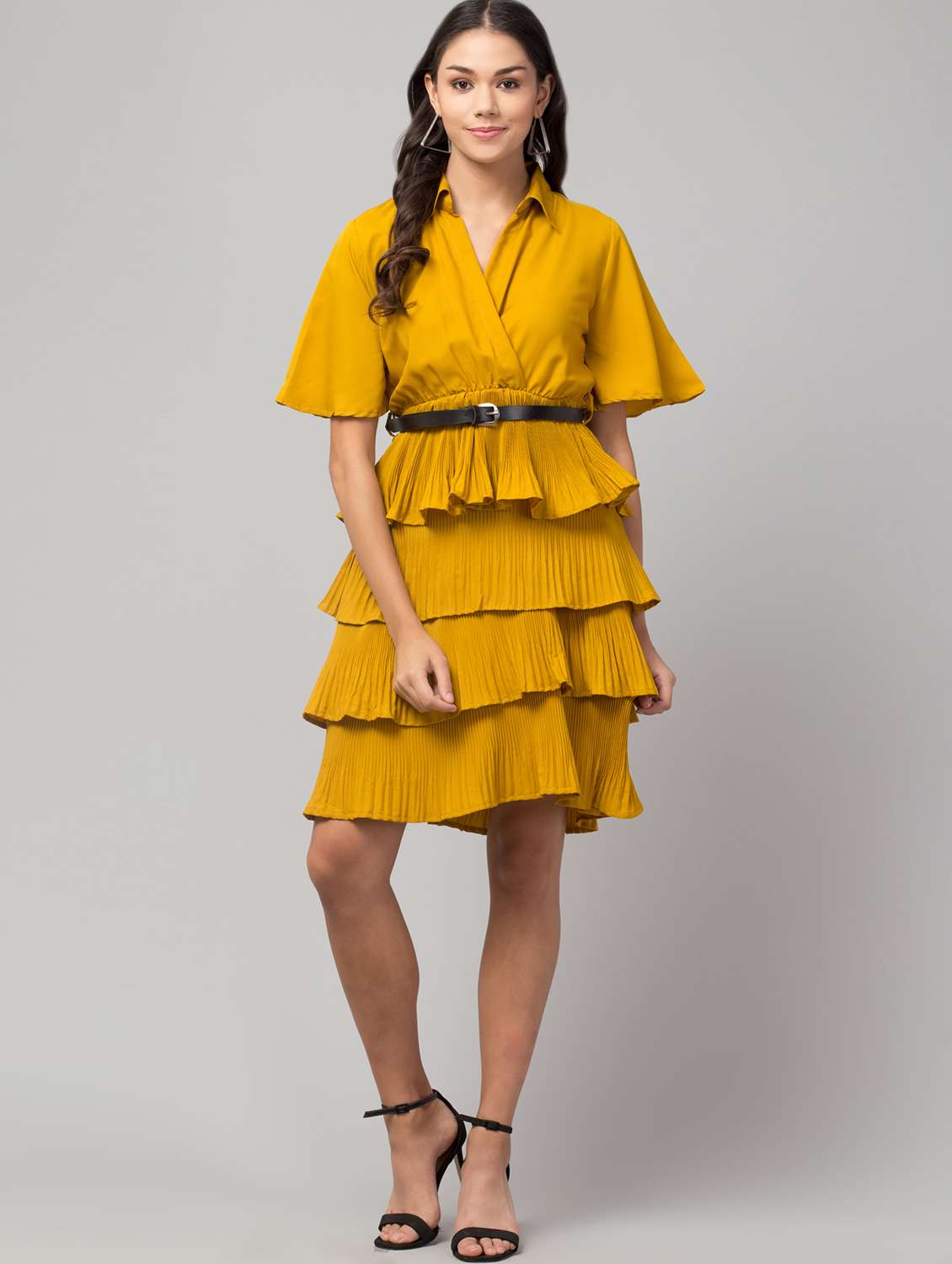 mustard solid layered dress