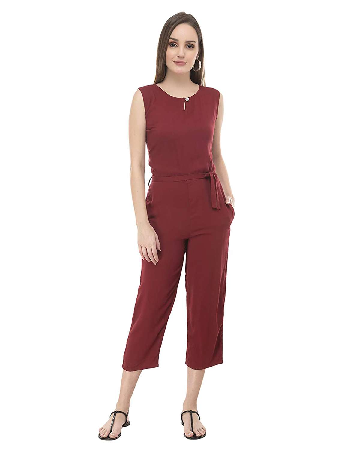 maroon solid sleeveless jumpsuit