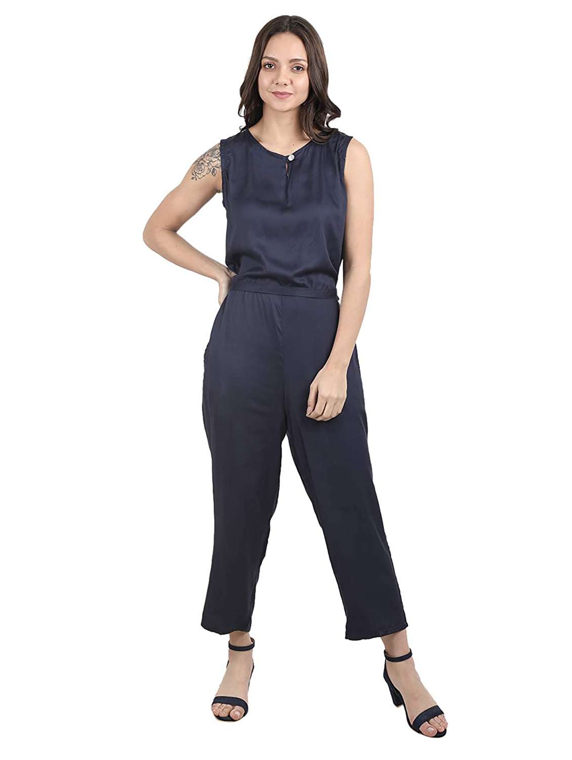 navy blue solid sleeveless jumpsuit