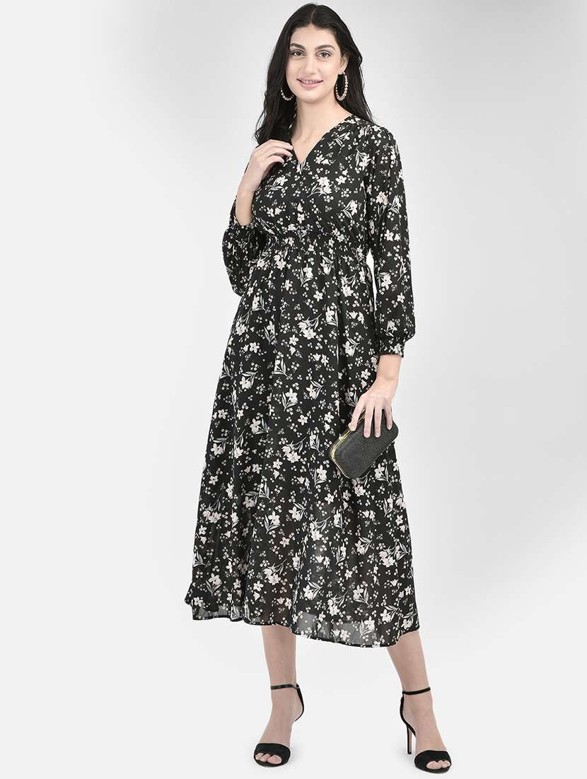 black floral print a-line dress