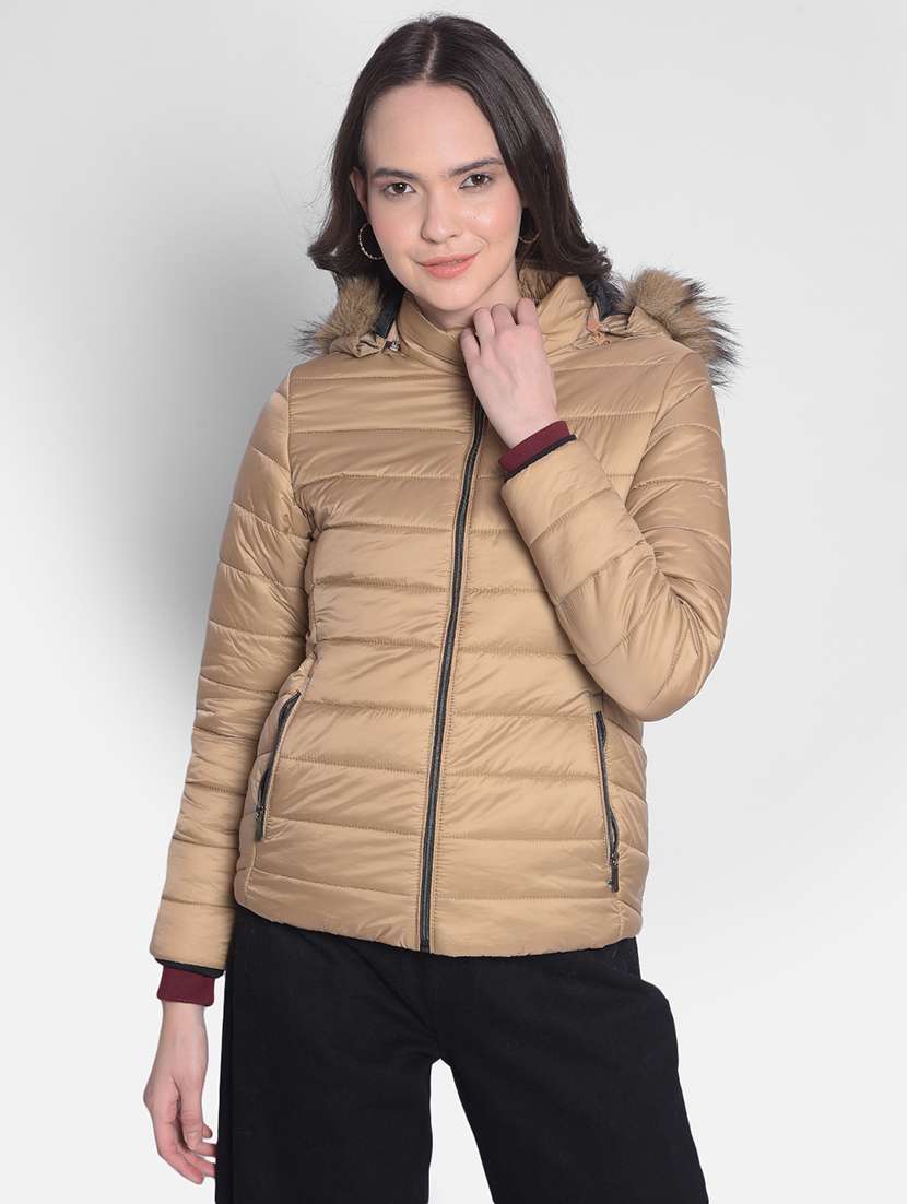 beige solid bomber hooded jacket