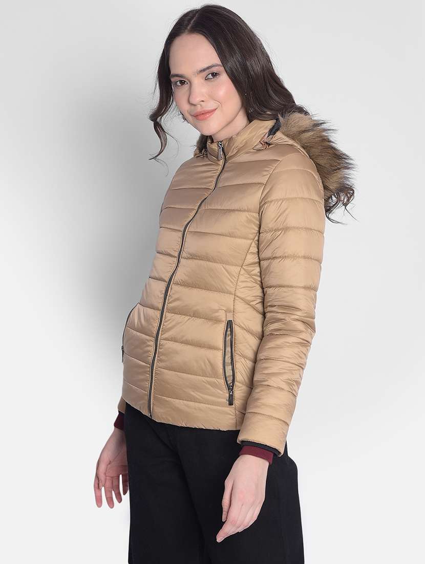 beige solid bomber hooded jacket - 20417165 - Standard Image - 1