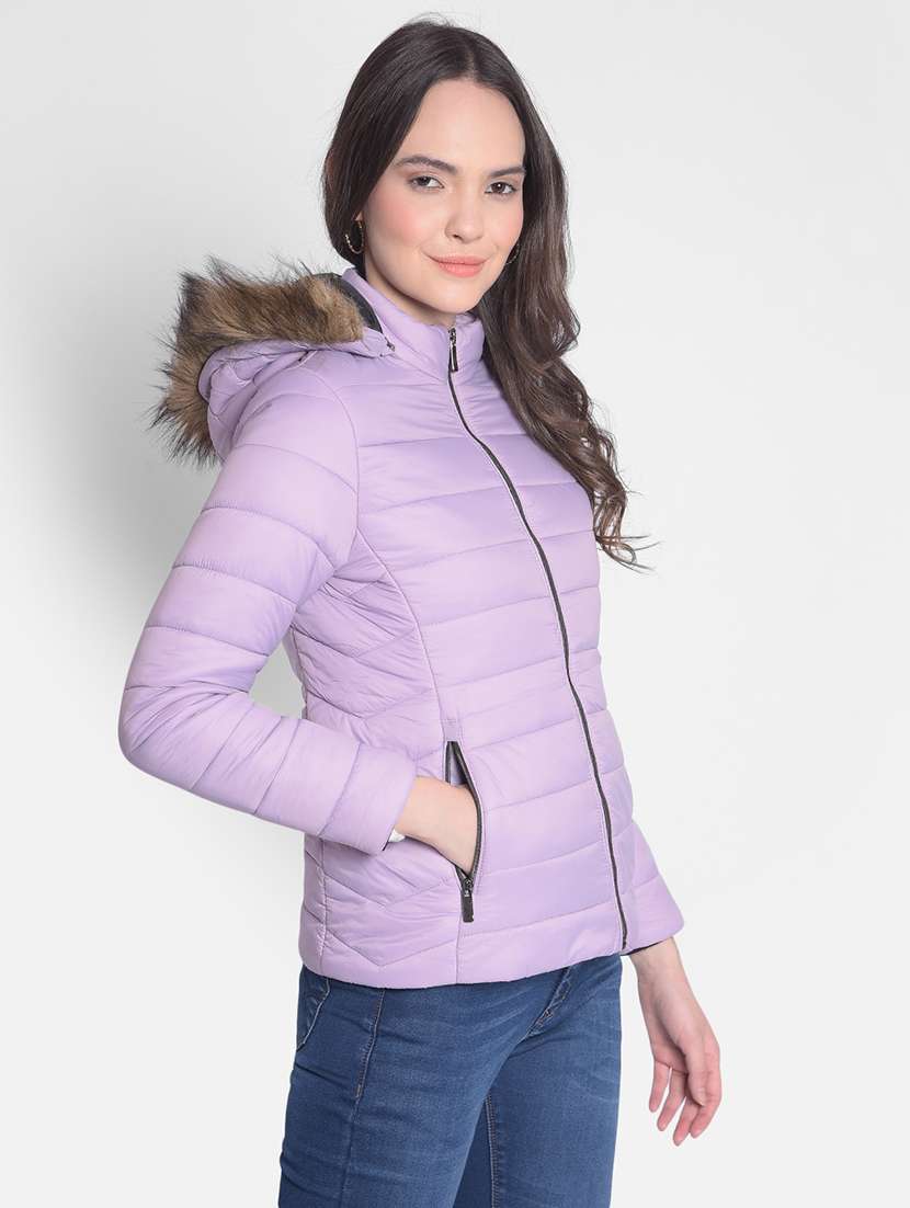 lavender solid bomber hooded jacket - 20417166 - Standard Image - 1