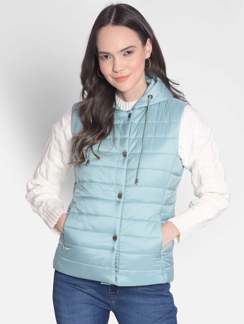 light blue solid bomber sleeveless jacket