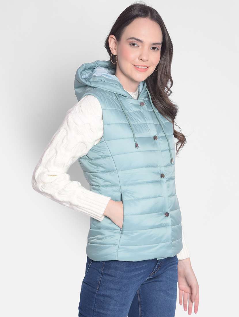 light blue solid bomber sleeveless jacket - 20417167 -  Standard Image - 1