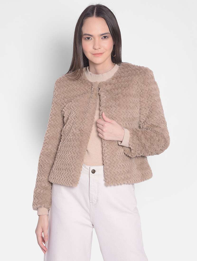 women beige polyester fur jacket