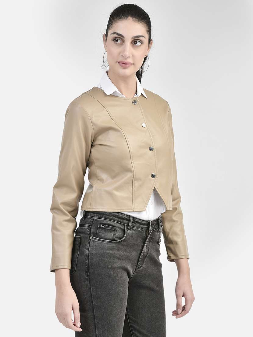 women beige poly blend leather/leatherette jacket - 20417181 - Standard Image - 1