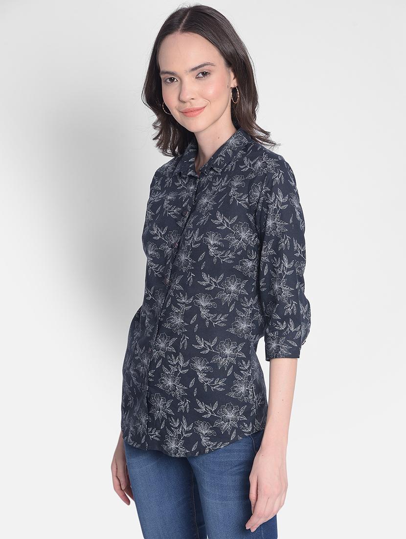 navy blue floral print three quater sleeves shirt - 20417202 - Standard Image - 1