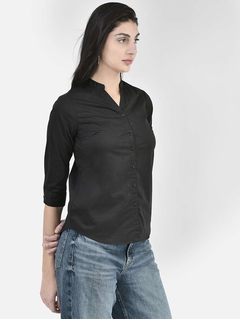 black solid three quater sleeves shirt - 20417206 -  Standard Image - 1