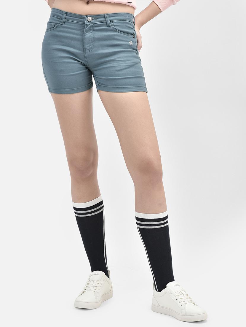 women blue cotton blend denim shorts