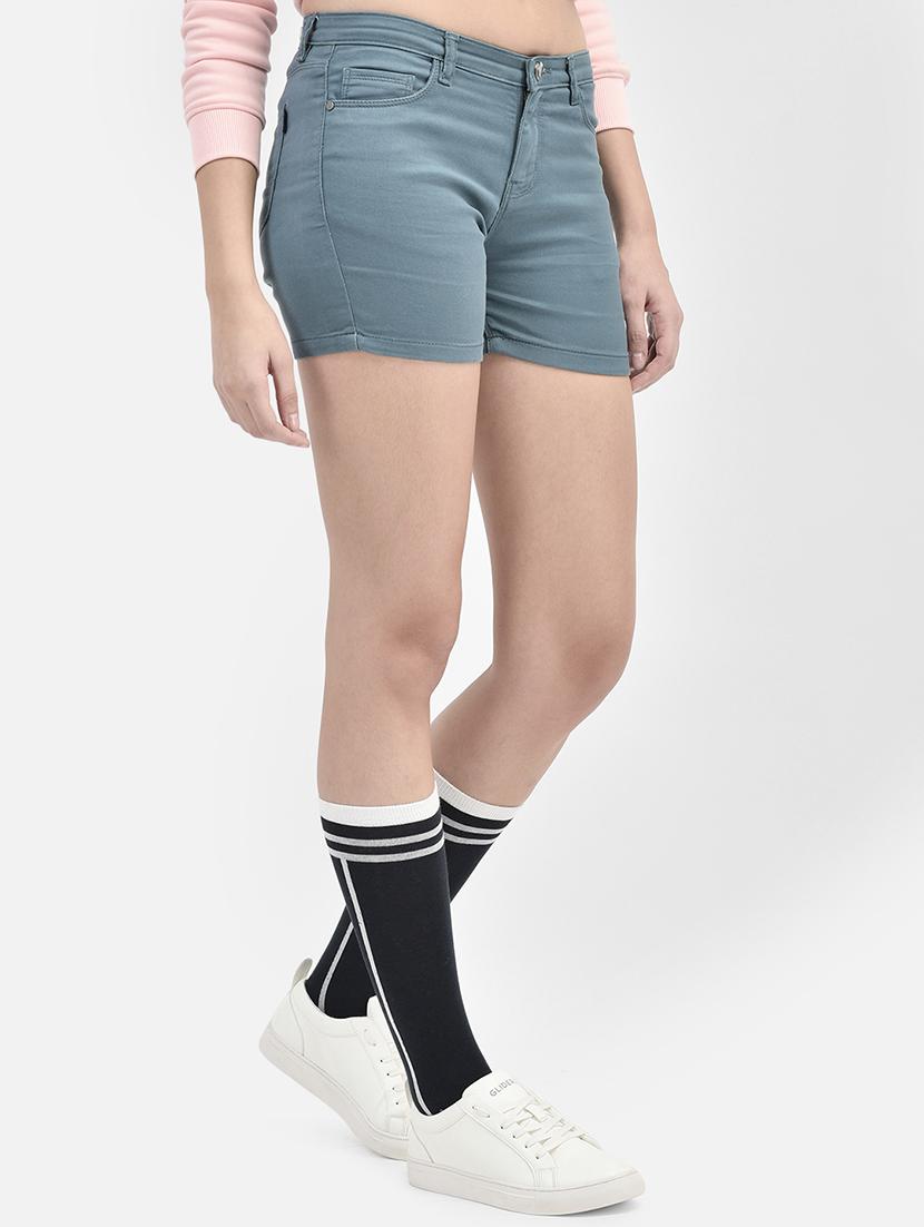 women blue cotton blend denim shorts - 20417217 - Standard Image - 1