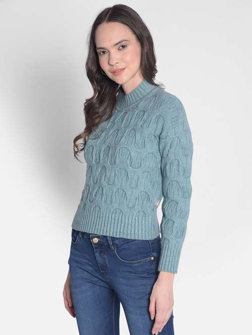 blue self designed mock neck pullover - 20417250 - Standard Image - 0