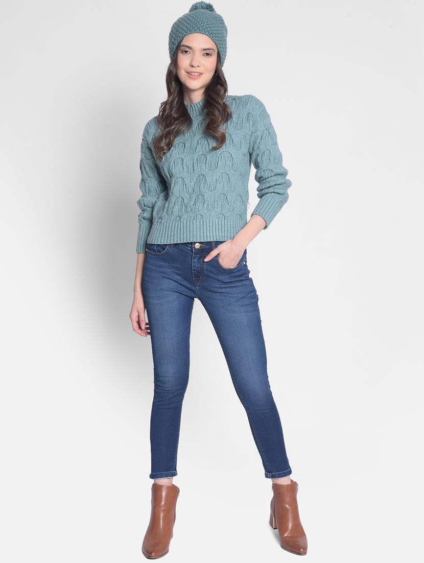 blue self designed mock neck pullover - 20417250 - Standard Image - 4