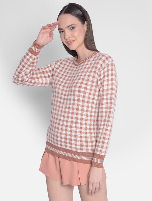 brown checks long sleeves pullover - 20417261 -  Standard Image - 0