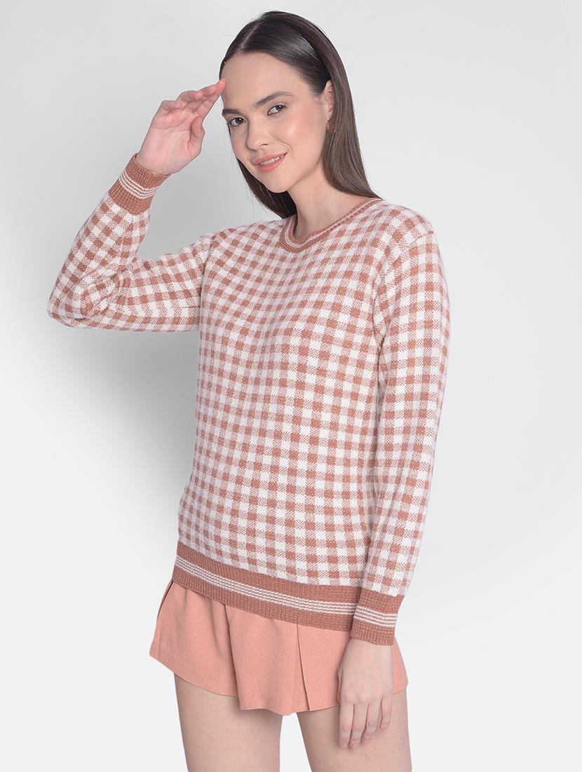 brown checks long sleeves pullover - 20417261 -  Zoom Image - 0