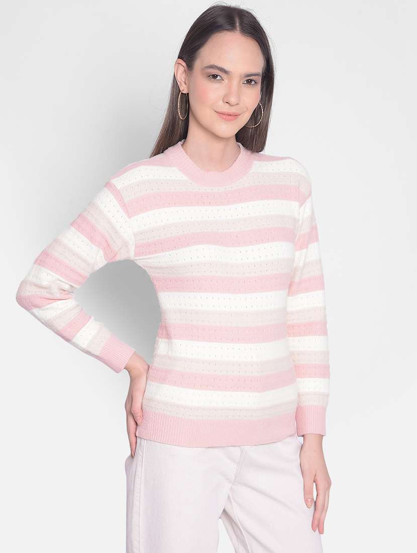 pink & white self designed striped pullover