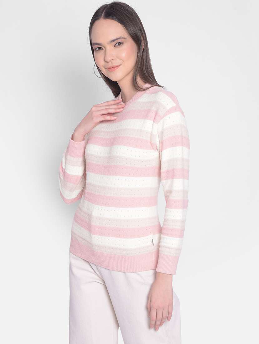 pink & white self designed striped pullover - 20417262 -  Standard Image - 1