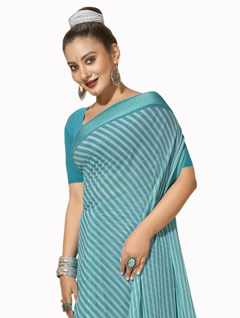 striped turquoise embellished saree with blouse - 20417310 - Standard Image - 1
