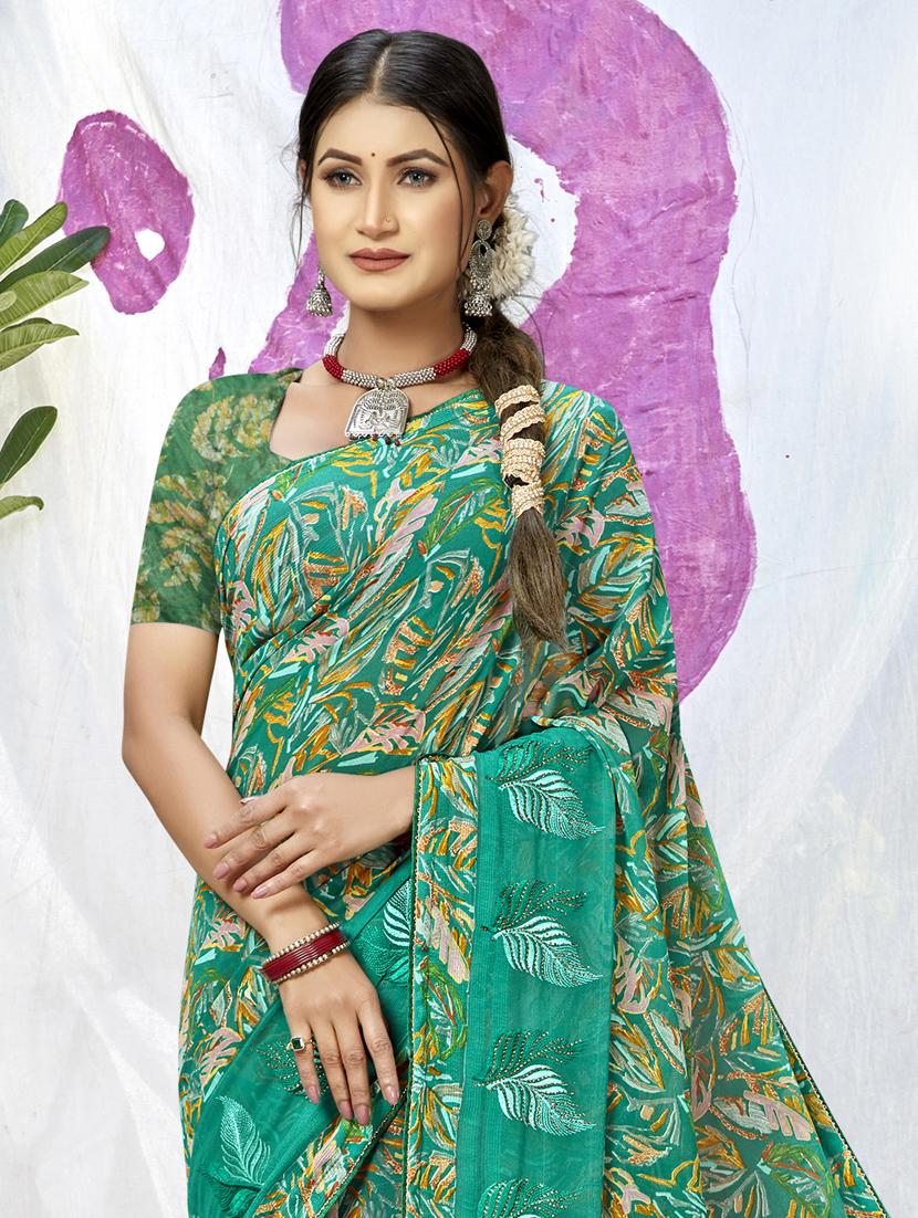 turquoise georgette printed saree with blouse - 20417315 -  Standard Image - 1