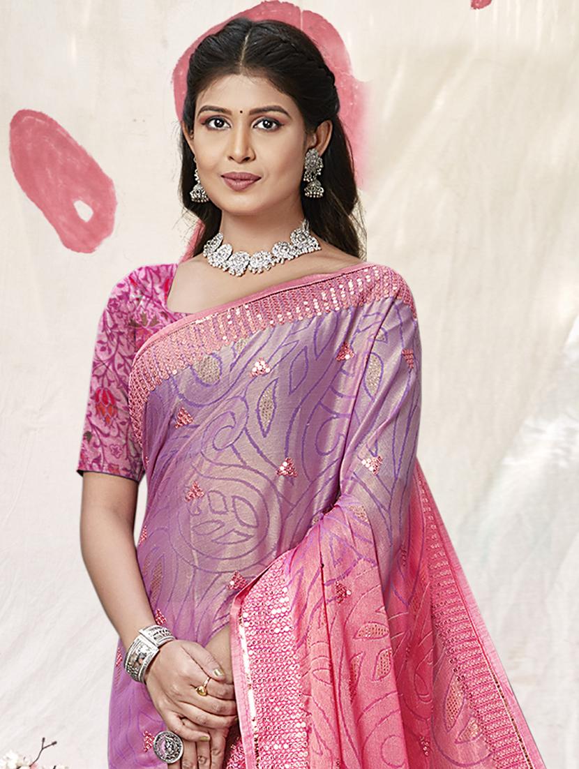 women pink & lavender sequin work embroidered saree - 20417320 - Standard Image - 1