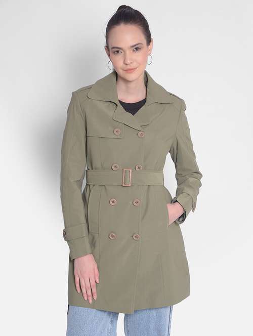 olive solids full sleeves trench coat - 20417327 - Standard Image - 0
