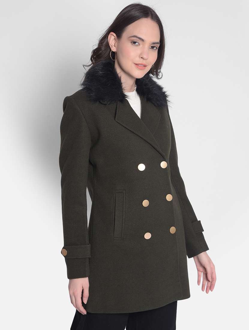 green solids full sleeves trench coat - 20417444 -  Standard Image - 1