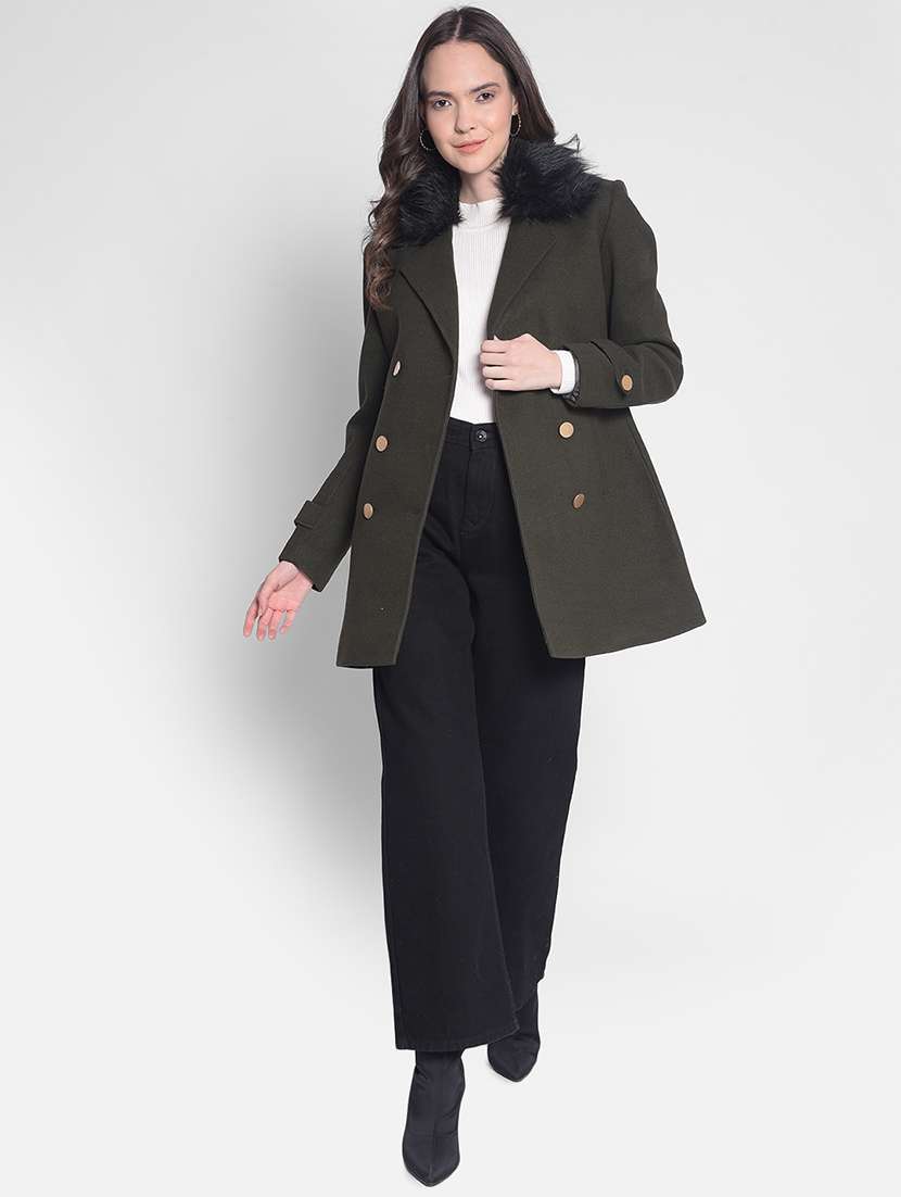 green solids full sleeves trench coat - 20417444 -  Standard Image - 4