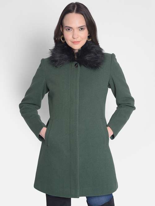 green solids full sleeves trench coat - 20417445 -  Standard Image - 0