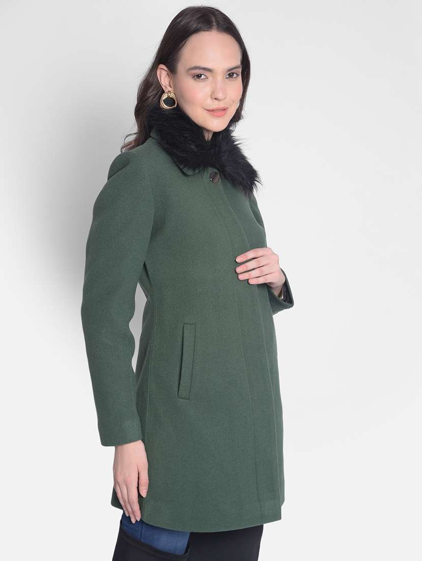 green solids full sleeves trench coat - 20417445 -  Standard Image - 1