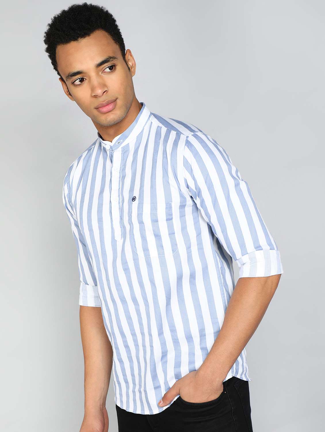 men mandarin neck striped short kurta - 20417783 -  Standard Image - 1