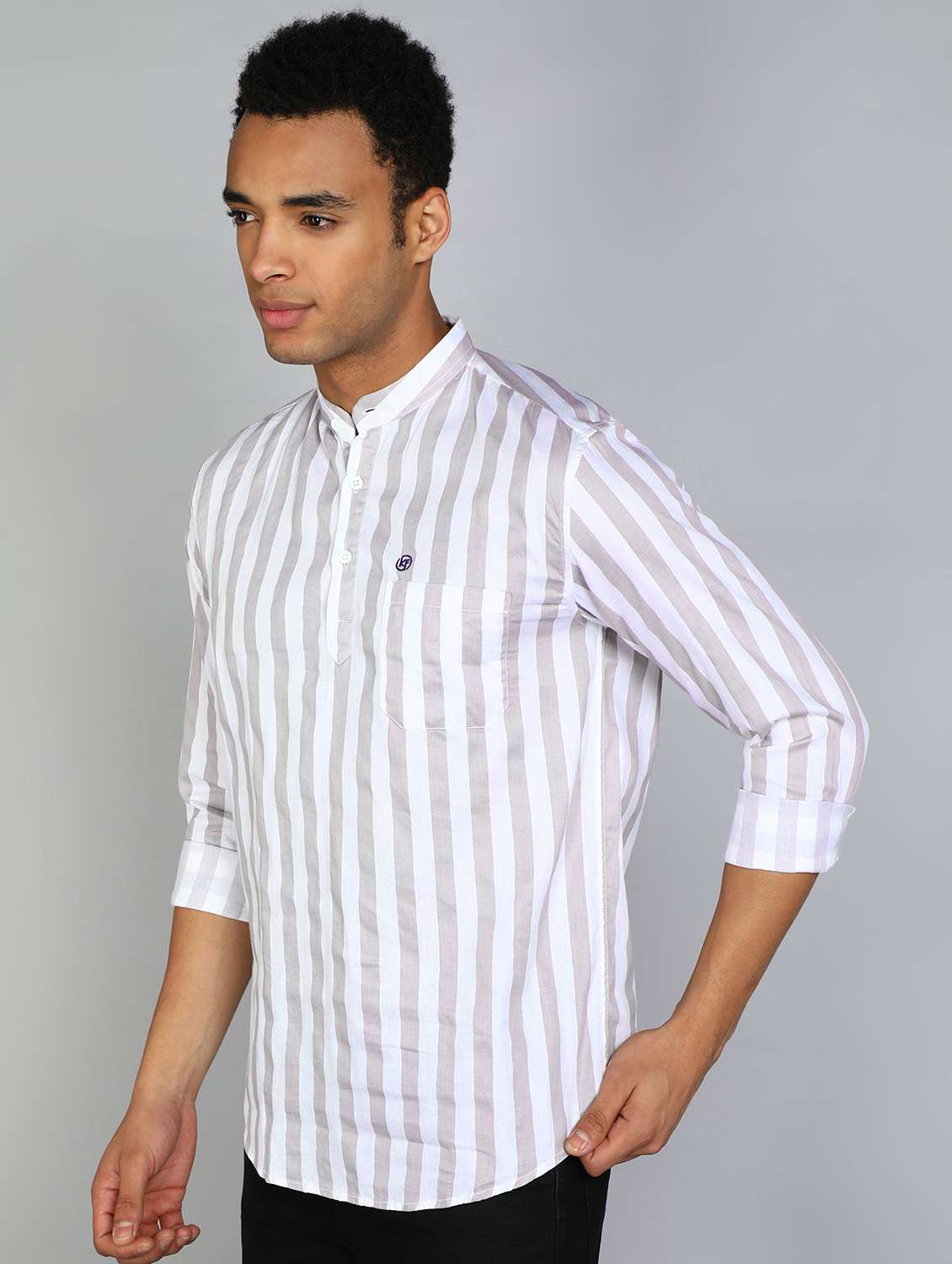 men mandarin neck striped short kurta - 20417784 -  Standard Image - 1