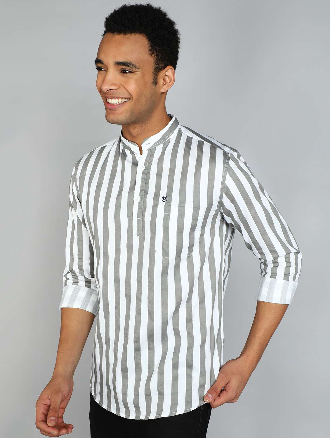 men mandarin neck striped short kurta - 20417786 -  Standard Image - 1