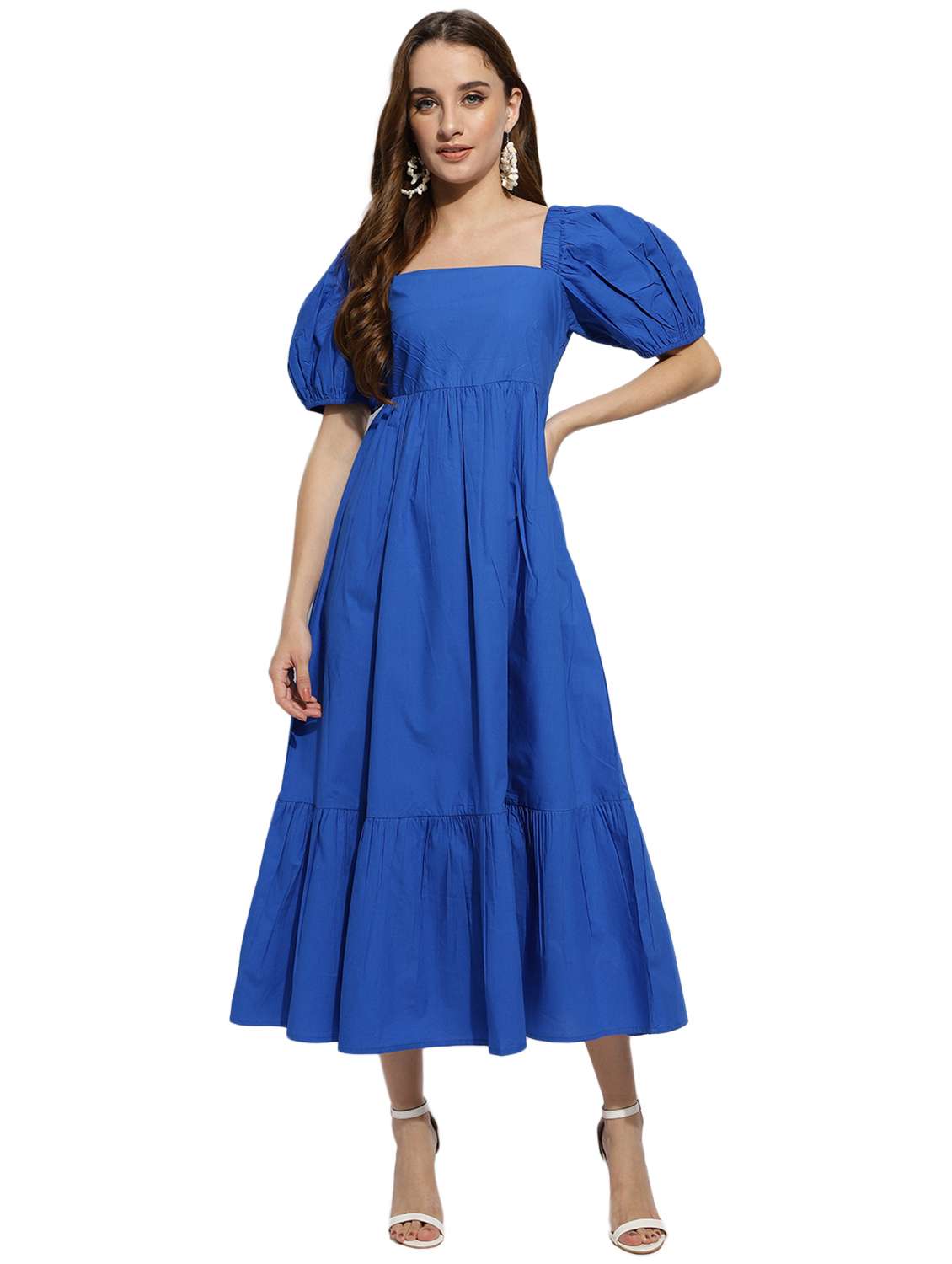 blue cotton solid a-line dress