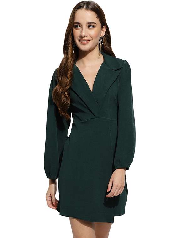 bottle green solid wrap dress