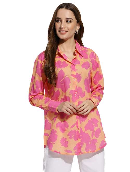 orange floral print regular shirt - 20418754 -  Standard Image - 0