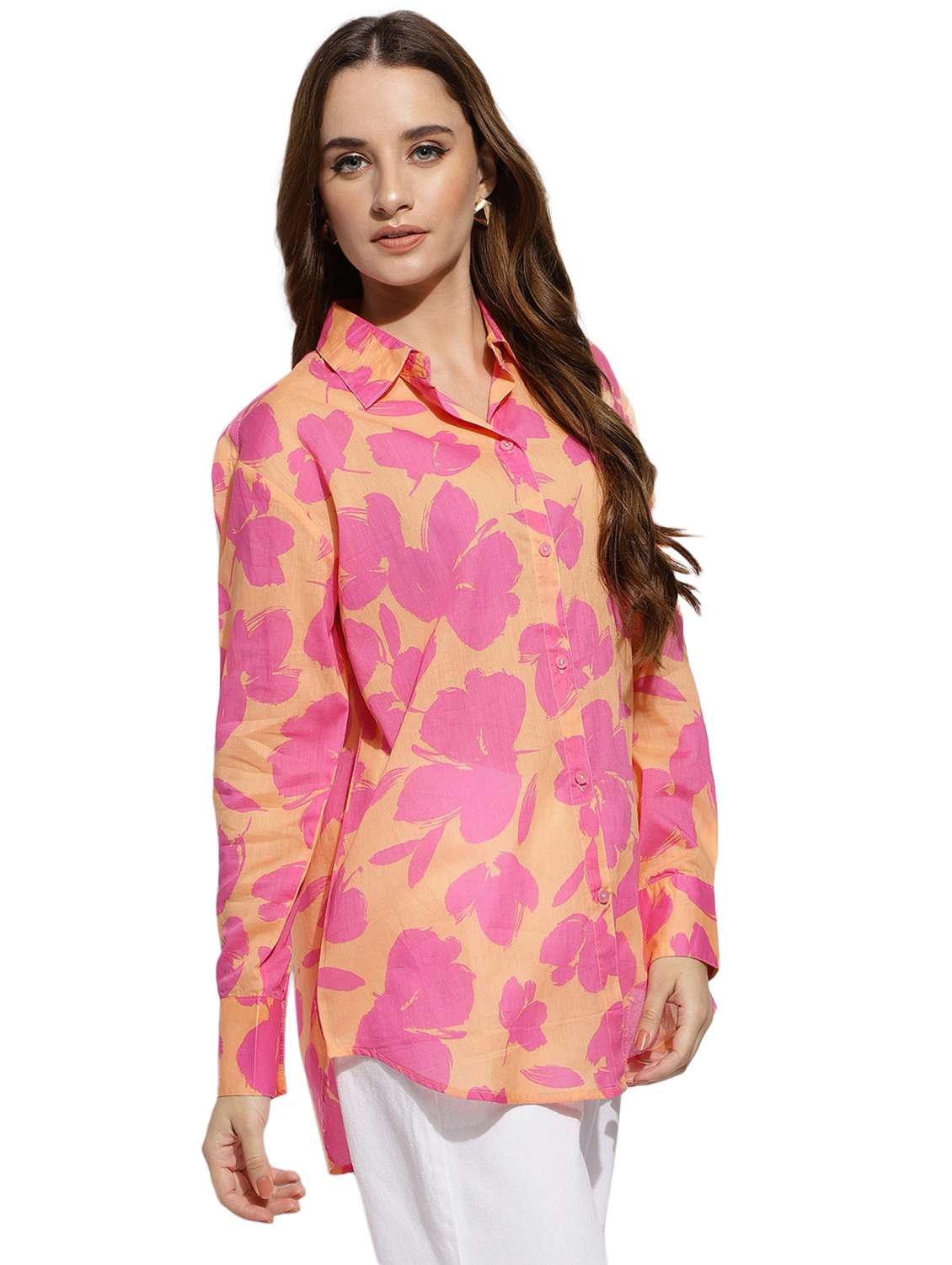 orange floral print regular shirt - 20418754 -  Standard Image - 1
