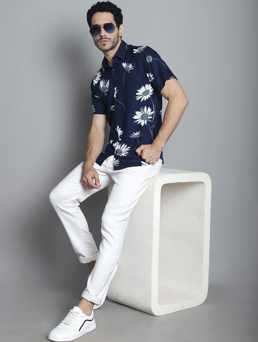 men blue regular fit floral casual shirt - 20418792 - Standard Image - 4